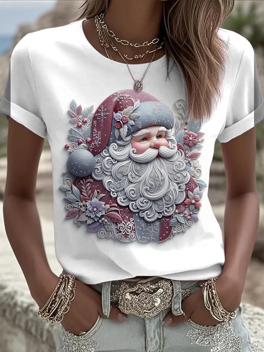 Womens' Christmas Santa Claus Printed Vintage Fashion Loose Short Sleeve T-Shirt