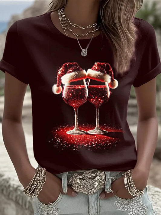 Womens' Christmas Wine Glass Printed Vintage Fashion Loose Short Sleeve T-Shirt
