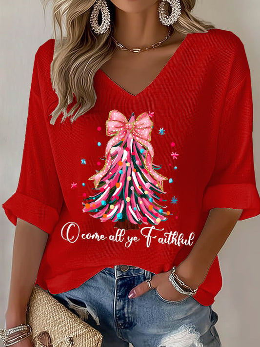 Women's Christmas tree print Waffle T-shirt