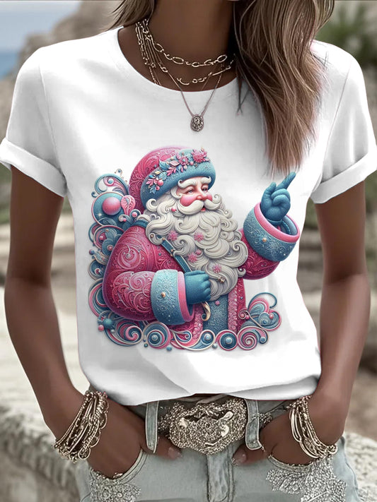 Womens' Christmas Santa Claus Printed Vintage Fashion Loose Short Sleeve T-Shirt