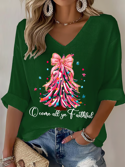 Women's Christmas tree print Waffle T-shirt