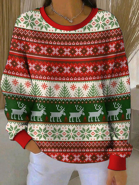 Women's Christmas Printed Round Neck Long Sleeved Sweatshirt