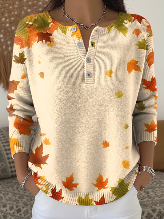 Women's Thanksgiving Maple Leaf Art V-Neck Sweater
