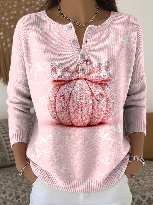 Women's Thanksgiving Pumpkin Bow Art V-Neck Sweater