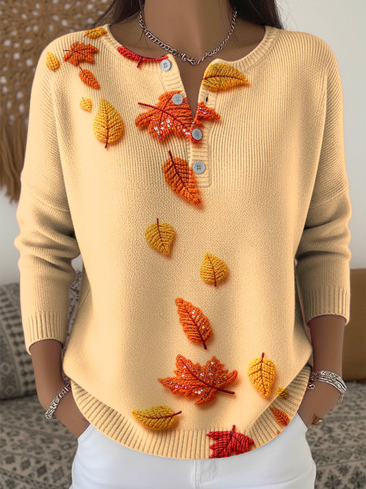 Women's Thanksgiving Autumn Leaf Art V-Neck Sweater