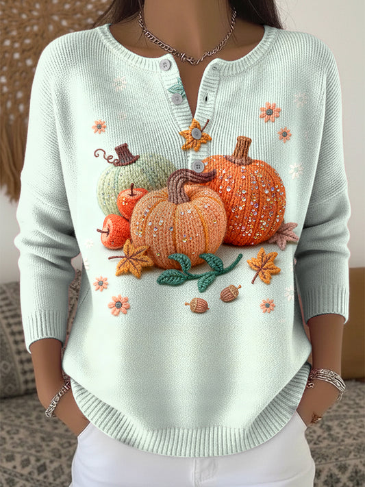 Women's Thanksgiving Colorful Pumpkin Art V-Neck Sweater