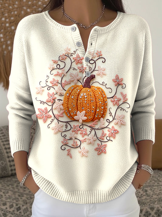 Women's Thanksgiving Pumpkin Floral Art V-Neck Sweater