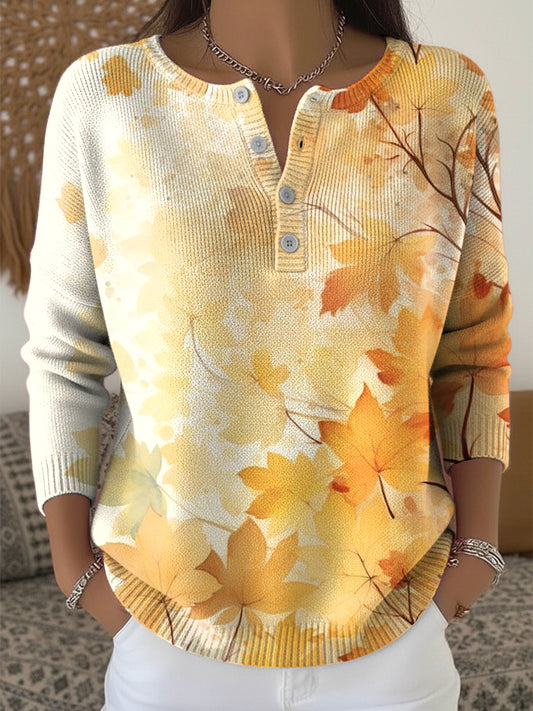 Women's Thanksgiving Maple Leaf Ombre Art V-Neck Sweater