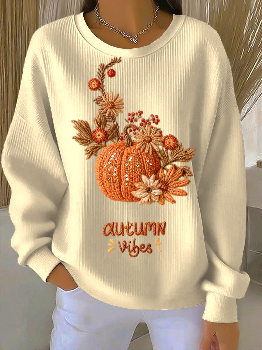 Women's Thanksgiving Pumpkin Floral Casual Crewneck Pullover