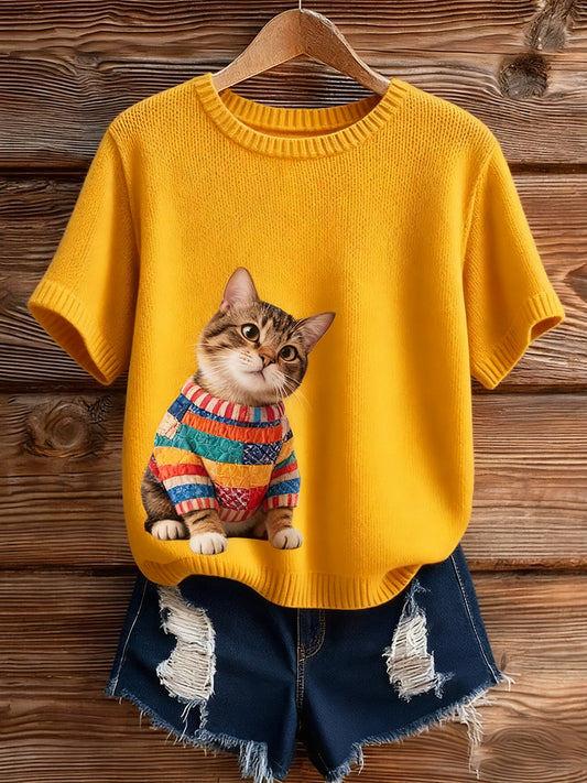 Women's Vintage Art Animal Print Cozy Knit Short Sleeve Sweater