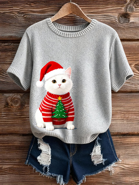 Women's Vintage Art Animal Print Cozy Knit Short Sleeve Sweater