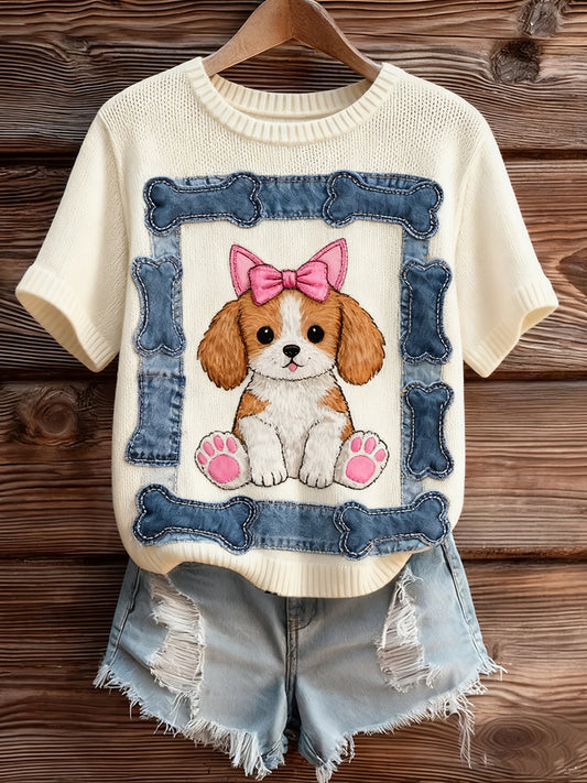 Women's Vintage Art Animal Print Cozy Knit Short Sleeve Sweater