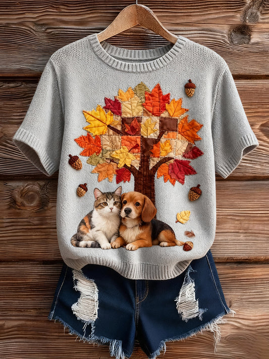 Women's Vintage Art Animal Print Cozy Knit Short Sleeve Sweater