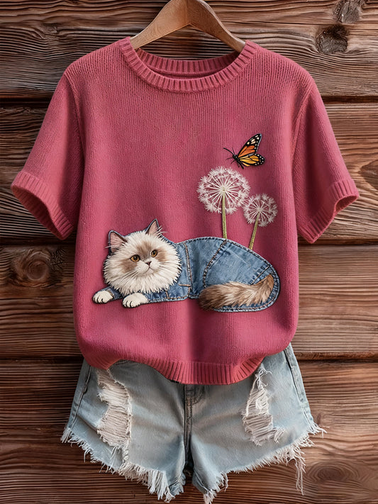 Women's Vintage Art Animal Print Cozy Knit Short Sleeve Sweater