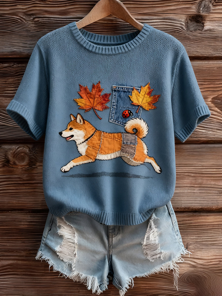 Women's Vintage Art Animal Print Cozy Knit Short Sleeve Sweater