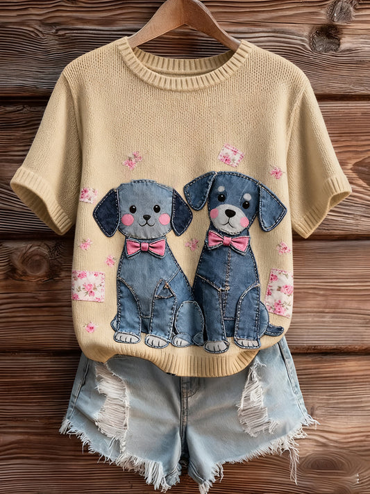 Women's Vintage Art Animal Print Cozy Knit Short Sleeve Sweater