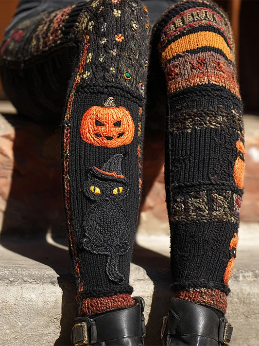 Women's Halloween Black Cat & Pumpkin Patchwork Art Leggings