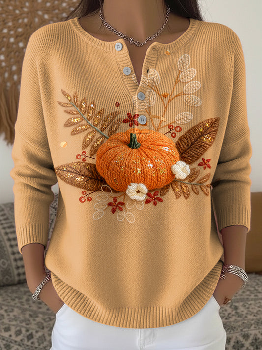Women's Thanksgiving Pumpkin Leaf Art V-Neck Sweater