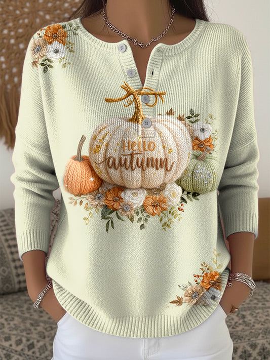 Women's Thanksgiving Pumpkin Floral Art V-Neck Sweater