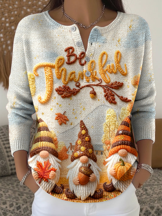 Women's Thanksgiving Dwarf Harvest Art V-Neck Sweater