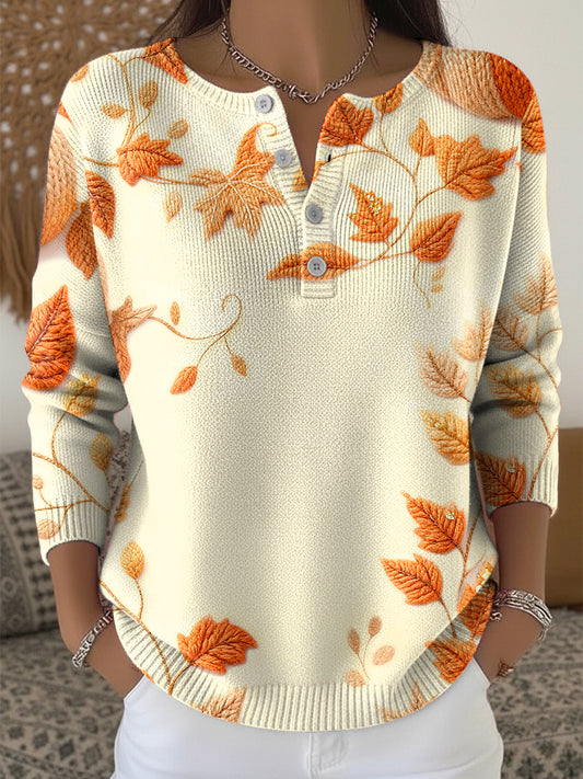 Women's Thanksgiving Autumn Leaf Art V-Neck Sweater