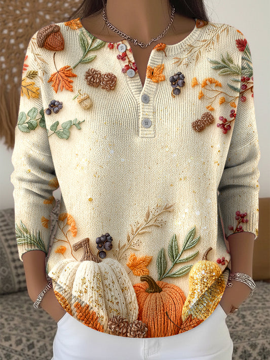 Women's Thanksgiving Pumpkin Maple Leaf Art V-Neck Sweater