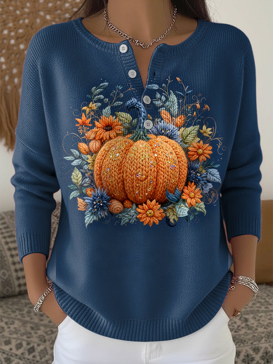 Women's Thanksgiving Pumpkin Floral Vine Art V-Neck Sweater