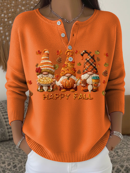 Women's Thanksgiving Cute Gnome Art V-Neck Sweater
