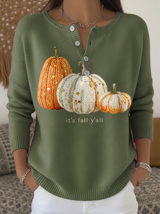 Women's Thanksgiving Irregular Pumpkin Art V-Neck Sweater