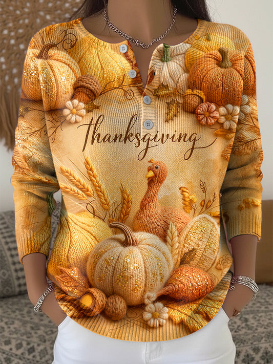 Women's Thanksgiving Pumpkin Turkey Art V-Neck Sweater