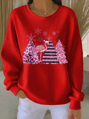 Women’s Christmas Ribbed Round-Neck Sweatshirt Red / S