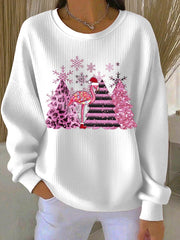 Women’s Christmas Ribbed Round-Neck Sweatshirt White / S