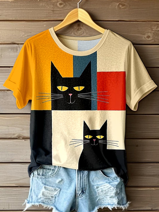 Women's Abstract Art Cat Print T-Shirt