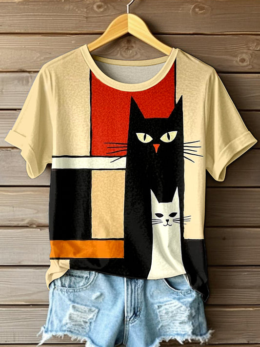 Women's Abstract Art Cat Print T-Shirt