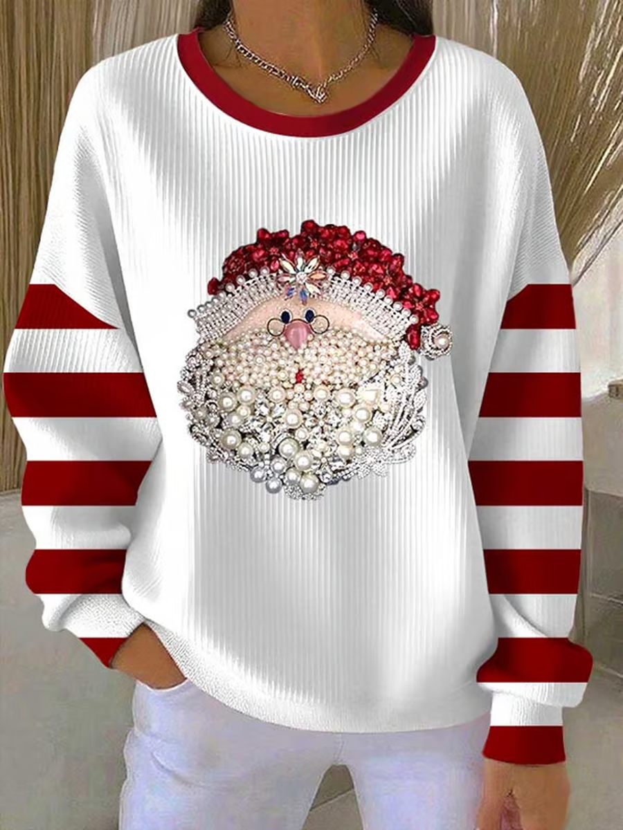 Women’s Santa Claus Printed Ribbed Round-Neck Sweatshirt White / S