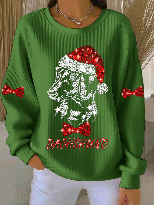 Women’s Christmas Crew Neck Ribbed Sweatshirt Green / S