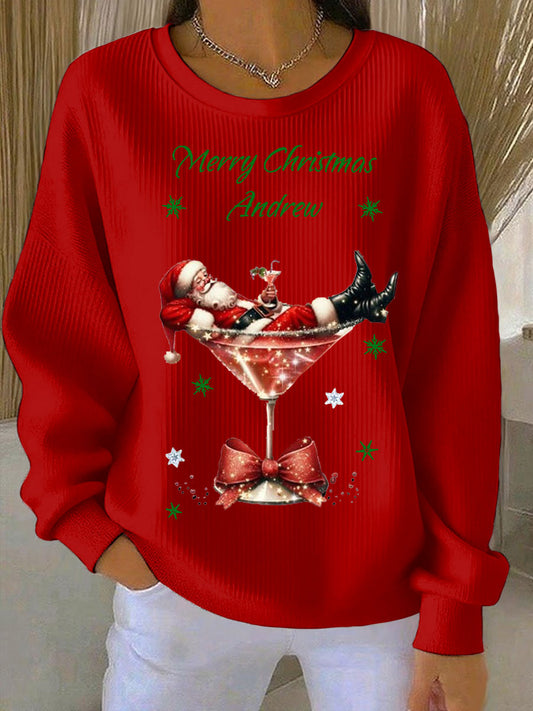 Women’s Santa Claus and wine glass Print Ribbed Round-Neck Sweatshirt Red / S