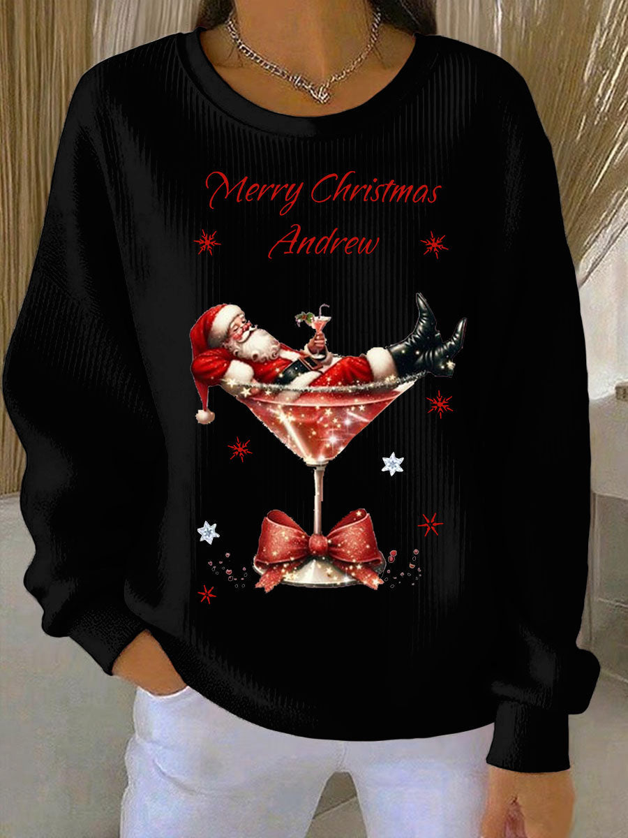 Women’s Santa Claus and wine glass Print Ribbed Round-Neck Sweatshirt Black / S