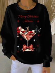Women’s Santa Claus and wine glass Print Ribbed Round-Neck Sweatshirt Black / S