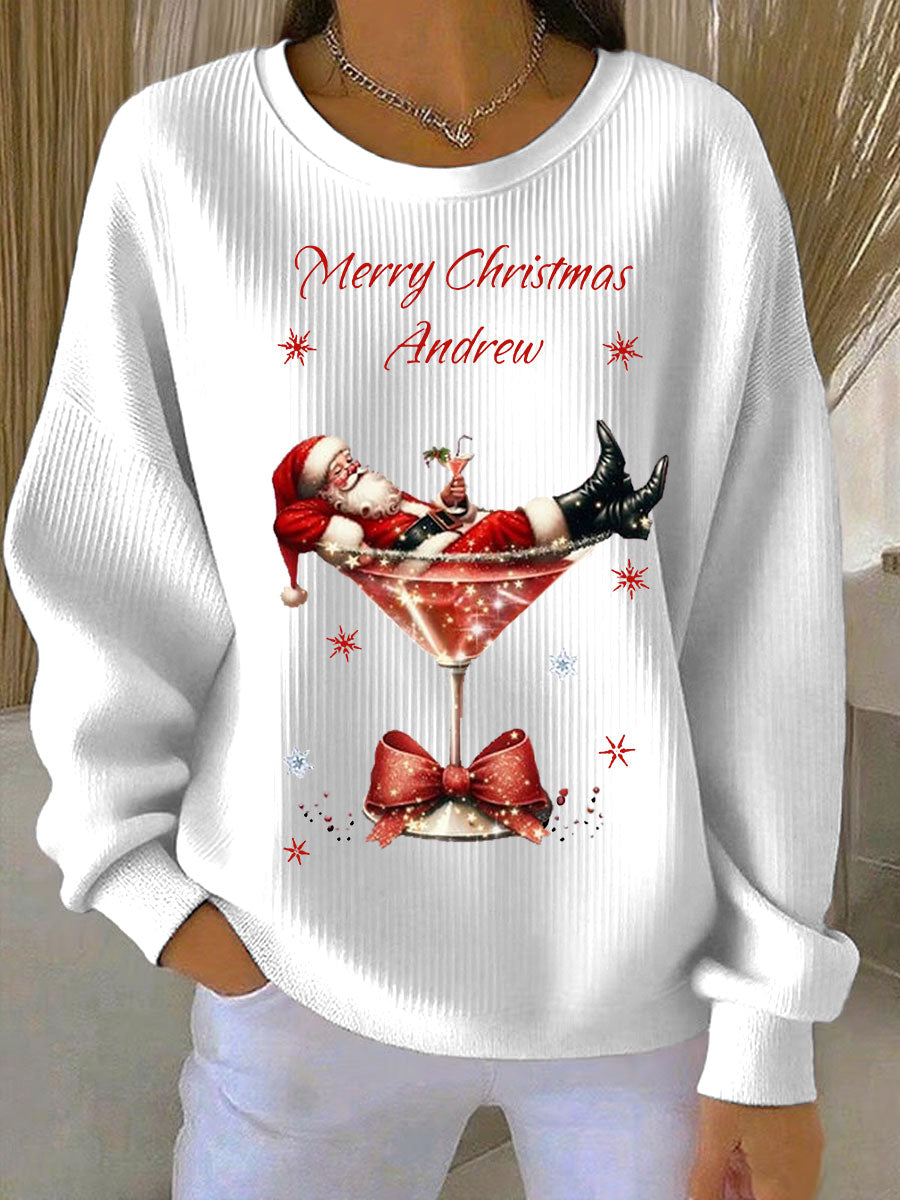 Women’s Santa Claus and wine glass Print Ribbed Round-Neck Sweatshirt White / S