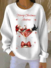 Women’s Santa Claus and wine glass Print Ribbed Round-Neck Sweatshirt White / S