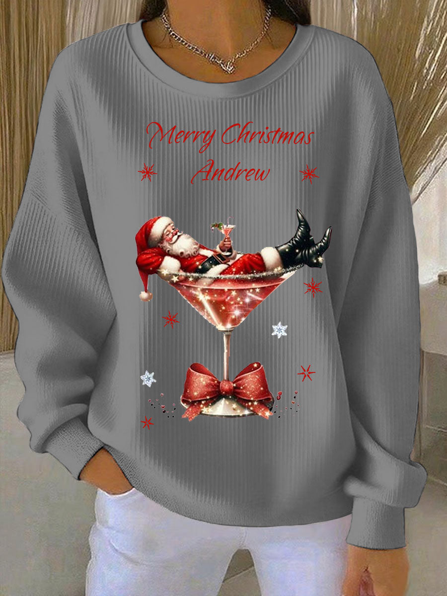 Women’s Santa Claus and wine glass Print Ribbed Round-Neck Sweatshirt Gray / S