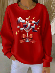 Women’s Santa Claus and wine glass Print Ribbed Round-Neck Sweatshirt Red / S