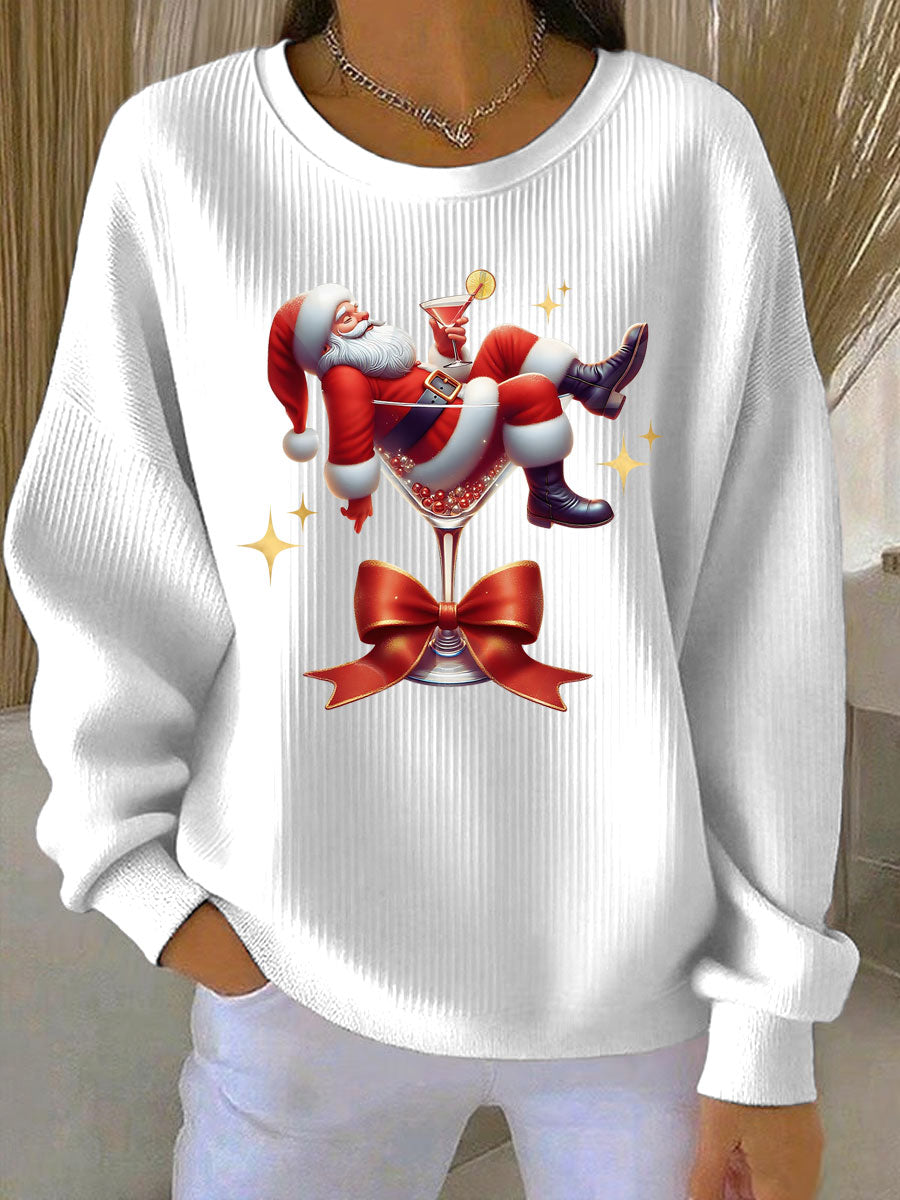 Women’s Santa Claus and wine glass Print Ribbed Round-Neck Sweatshirt White / S