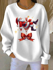 Women’s Santa Claus and wine glass Print Ribbed Round-Neck Sweatshirt White / S