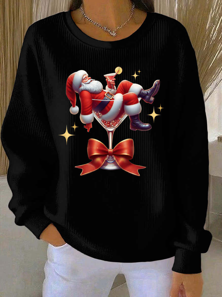 Women’s Santa Claus and wine glass Print Ribbed Round-Neck Sweatshirt Black / S