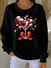 Women’s Santa Claus and wine glass Print Ribbed Round-Neck Sweatshirt Black / S