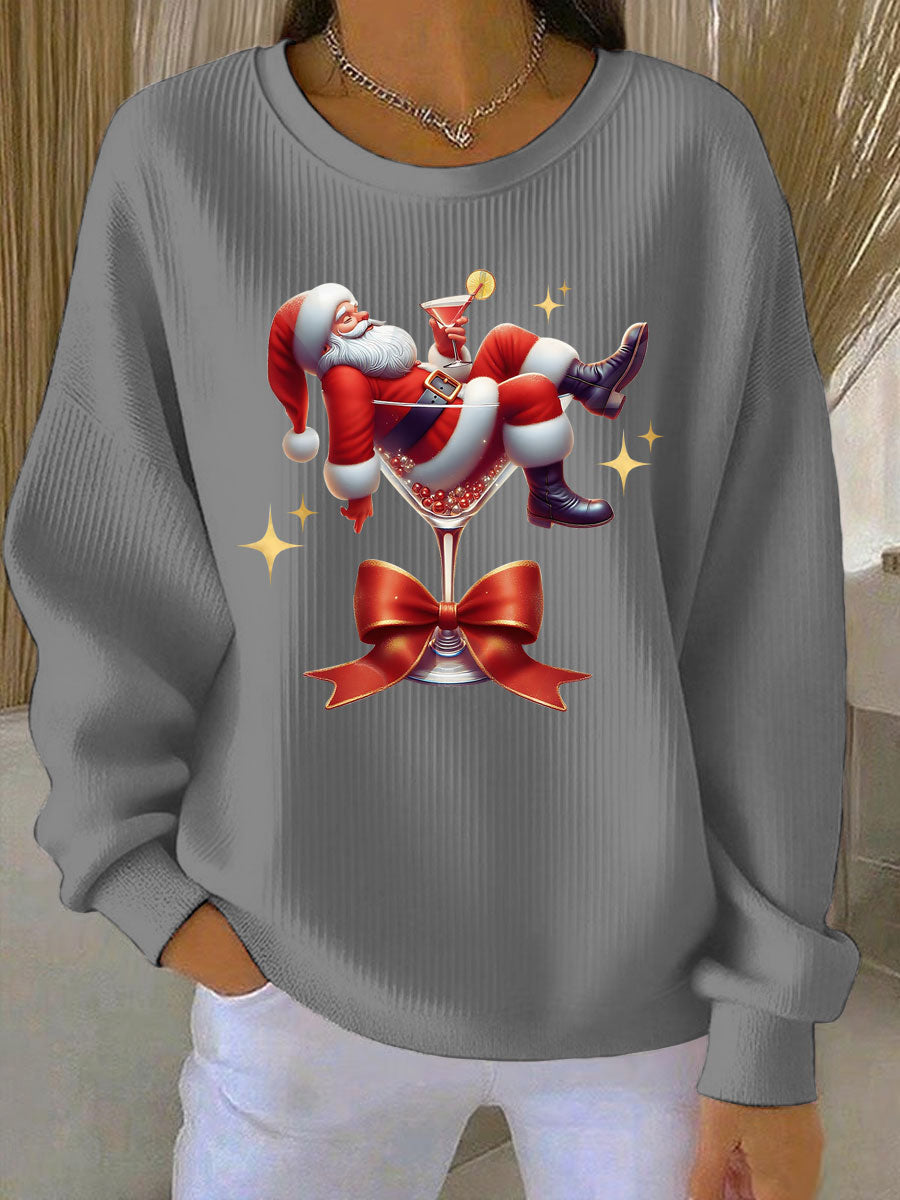 Women’s Santa Claus and wine glass Print Ribbed Round-Neck Sweatshirt Gray / S