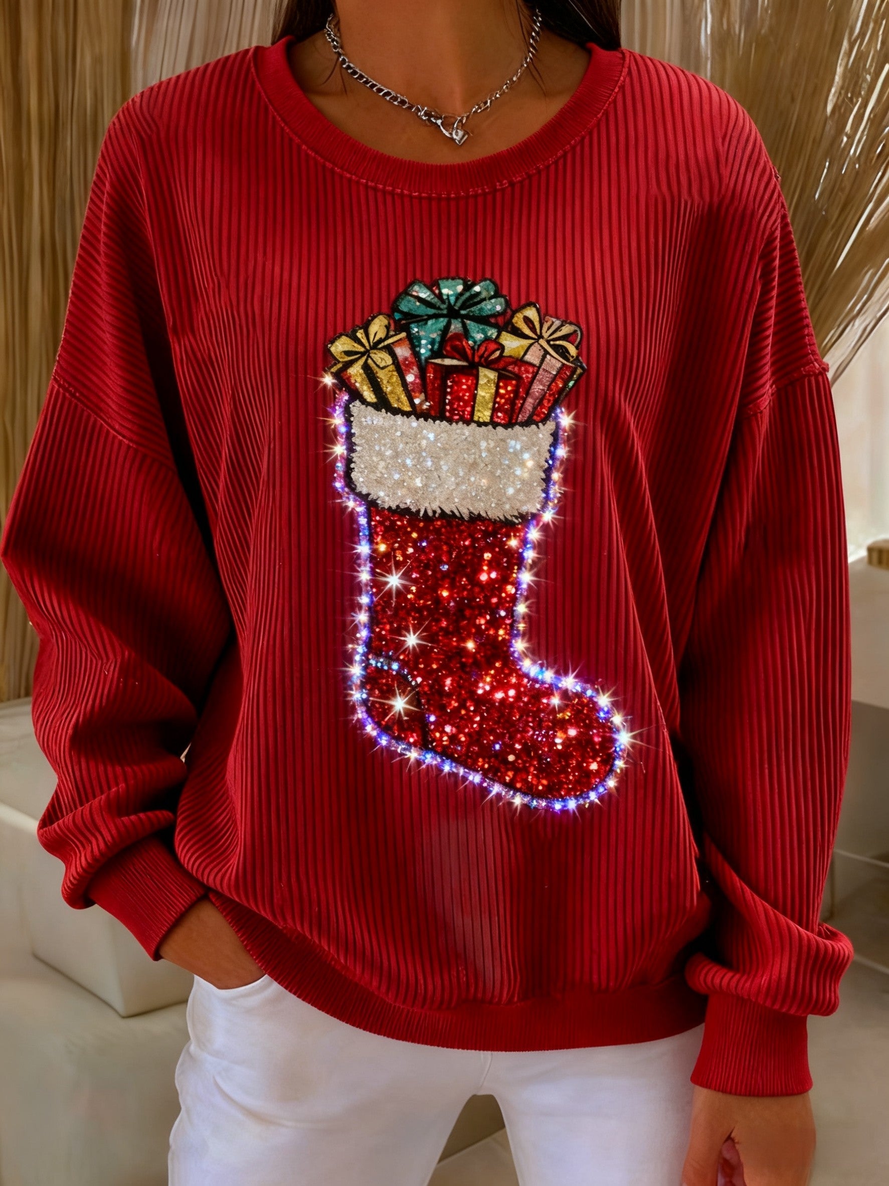Retro Christmas Stocking Gifts Sequins Loose Long Sleeved Sweatshirt Red / S
