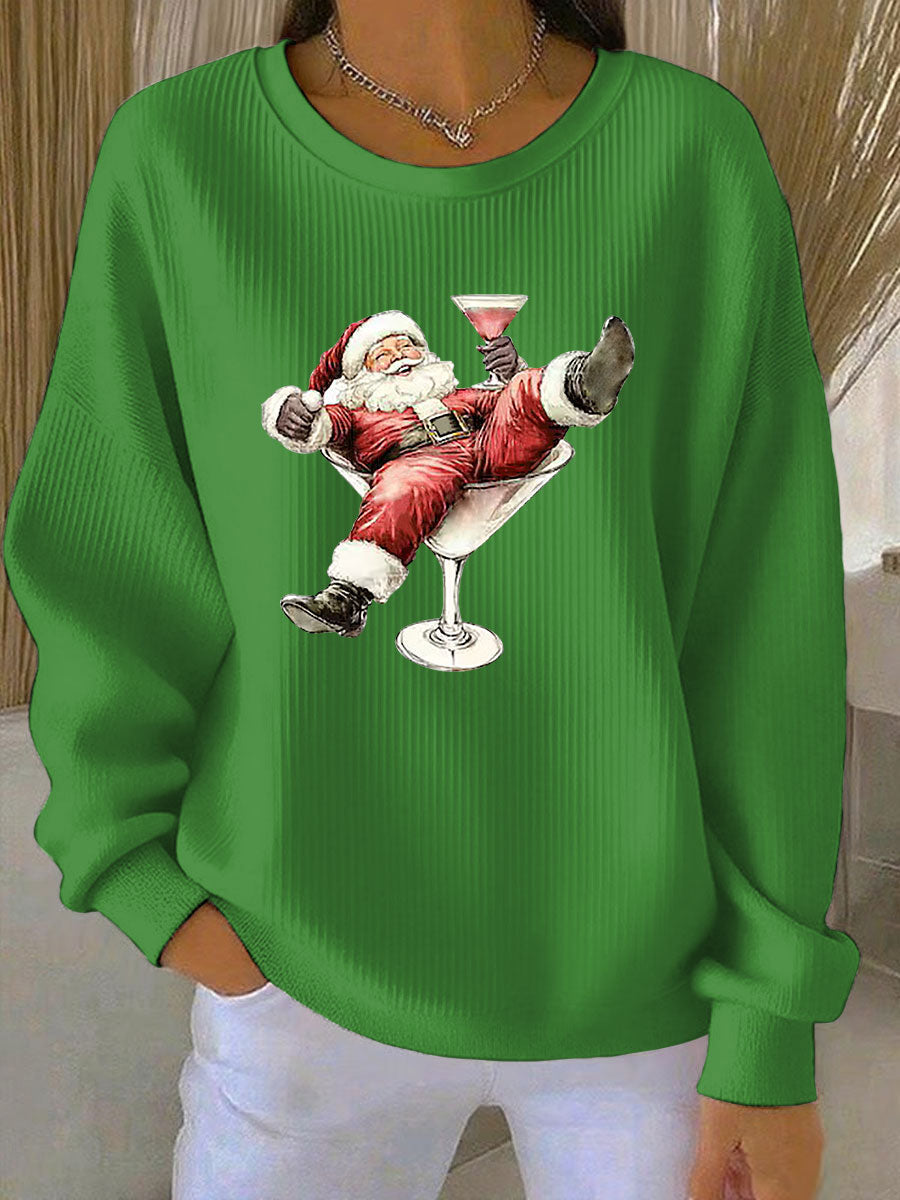 Women’s Santa Claus and wine glass Print Ribbed Round-Neck Sweatshirt Green / S